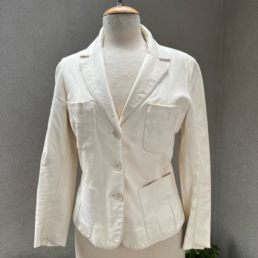 Donna Karan Collection ivory lamb skin leather jacket blazer pockets Sz 10